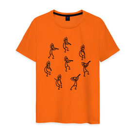 Мужская футболка хлопок с принтом Кокопелли в Кировске, 100% хлопок | прямой крой, круглый вырез горловины, длина до линии бедер, слегка спущенное плечо. | божество | дудочка | индейцы | кокопелли | танец | человечек | человечки