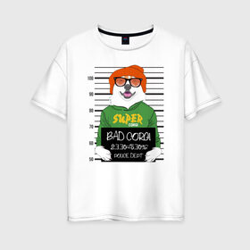 Женская футболка хлопок Oversize с принтом Плохой Корги в Кировске, 100% хлопок | свободный крой, круглый ворот, спущенный рукав, длина до линии бедер
 | corgi | банда | бандит | гангстер | заключенный | корги | собака | собаки