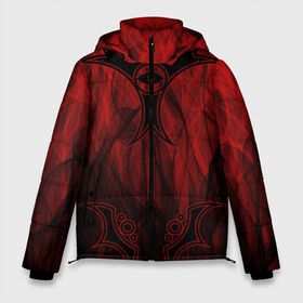 Мужская зимняя куртка 3D с принтом Red-n-black okto в Кировске, верх — 100% полиэстер; подкладка — 100% полиэстер; утеплитель — 100% полиэстер | длина ниже бедра, свободный силуэт Оверсайз. Есть воротник-стойка, отстегивающийся капюшон и ветрозащитная планка. 

Боковые карманы с листочкой на кнопках и внутренний карман на молнии. | Тематика изображения на принте: okto | байкер | всевидящее око | геометрия | красный | мото | огонь | узор | чёрный
