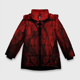 Зимняя куртка для девочек 3D с принтом Red-n-black okto в Кировске, ткань верха — 100% полиэстер; подклад — 100% полиэстер, утеплитель — 100% полиэстер. | длина ниже бедра, удлиненная спинка, воротник стойка и отстегивающийся капюшон. Есть боковые карманы с листочкой на кнопках, утяжки по низу изделия и внутренний карман на молнии. 

Предусмотрены светоотражающий принт на спинке, радужный светоотражающий элемент на пуллере молнии и на резинке для утяжки. | okto | байкер | всевидящее око | геометрия | красный | мото | огонь | узор | чёрный
