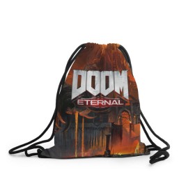 Рюкзак-мешок 3D с принтом DOOM Eternal в Кировске, 100% полиэстер | плотность ткани — 200 г/м2, размер — 35 х 45 см; лямки — толстые шнурки, застежка на шнуровке, без карманов и подкладки | bethesda | dead | death | doom | doom eternal | game | games | metal | monster | ps4 | space | steam | xbox | дум | игра | космос | метал | меч | экшн