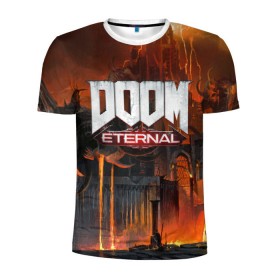 Мужская футболка 3D спортивная с принтом DOOM Eternal в Кировске, 100% полиэстер с улучшенными характеристиками | приталенный силуэт, круглая горловина, широкие плечи, сужается к линии бедра | bethesda | dead | death | doom | doom eternal | game | games | metal | monster | ps4 | space | steam | xbox | дум | игра | космос | метал | меч | экшн