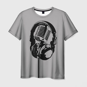 Мужская футболка 3D с принтом Микрофон в Кировске, 100% полиэфир | прямой крой, круглый вырез горловины, длина до линии бедер | black | gray | headphones | microphone | music | music lover | sound | звук | меломан | микрофон | музыка | наушники | серый | черный