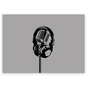 Поздравительная открытка с принтом Микрофон в Кировске, 100% бумага | плотность бумаги 280 г/м2, матовая, на обратной стороне линовка и место для марки
 | black | gray | headphones | microphone | music | music lover | sound | звук | меломан | микрофон | музыка | наушники | серый | черный