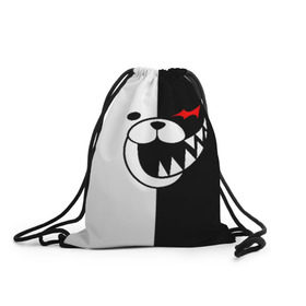 Рюкзак-мешок 3D с принтом MONOKUMA в Кировске, 100% полиэстер | плотность ткани — 200 г/м2, размер — 35 х 45 см; лямки — толстые шнурки, застежка на шнуровке, без карманов и подкладки | Тематика изображения на принте: anime | bear | black  white | danganronpa | kurokuma | monodam | monokuma | monomi | monotaro | pink | rabbit | school | shirokuma | аниме | главарь | мoноми | монокума | черно белый | школа