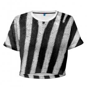 Женская футболка Cropp-top с принтом Zebra Skin в Кировске, 100% полиэстер | круглая горловина, длина футболки до линии талии, рукава с отворотами | animal | black | black white | pattern. | skin | streaks | texture | white | zebra | белый | животное | животные | зебра | полосы | текстура | узор | чёрно белые | чёрный