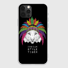 Чехол для iPhone 12 Pro с принтом Indian style tiger в Кировске, силикон | область печати: задняя сторона чехла, без боковых панелей | animal | ethnic | feathers | multicolored | muzzle | predator | tiger | животное | перья | разноцветный | тигр | этнический