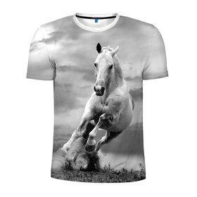 Мужская футболка 3D спортивная с принтом Белая лошадь в Кировске, 100% полиэстер с улучшенными характеристиками | приталенный силуэт, круглая горловина, широкие плечи, сужается к линии бедра | animal | beautiful | gloss | horse | mane | mustang | muzzle | nature | white | wild | белый | грива | дикий | животное | конь | красивый | лоск | лошадь | мустанг | природа | скакун