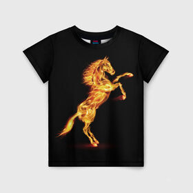 Детская футболка 3D с принтом Огненная лошадь в Кировске, 100% гипоаллергенный полиэфир | прямой крой, круглый вырез горловины, длина до линии бедер, чуть спущенное плечо, ткань немного тянется | Тематика изображения на принте: animal | beautiful | black | fiery | fire | hooves | horse | mane | wild | грива | дикий | животное | конь | копыта | красивый | лошадь | огненный | огонь | скакун | черный