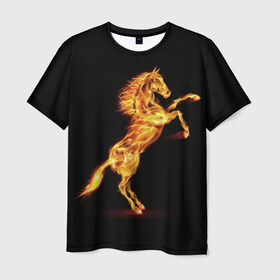 Мужская футболка 3D с принтом Огненная лошадь в Кировске, 100% полиэфир | прямой крой, круглый вырез горловины, длина до линии бедер | animal | beautiful | black | fiery | fire | hooves | horse | mane | wild | грива | дикий | животное | конь | копыта | красивый | лошадь | огненный | огонь | скакун | черный