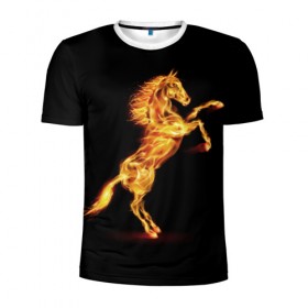 Мужская футболка 3D спортивная с принтом Огненная лошадь в Кировске, 100% полиэстер с улучшенными характеристиками | приталенный силуэт, круглая горловина, широкие плечи, сужается к линии бедра | animal | beautiful | black | fiery | fire | hooves | horse | mane | wild | грива | дикий | животное | конь | копыта | красивый | лошадь | огненный | огонь | скакун | черный