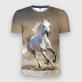 Мужская футболка 3D спортивная с принтом Белый конь в Кировске, 100% полиэстер с улучшенными характеристиками | приталенный силуэт, круглая горловина, широкие плечи, сужается к линии бедра | animal | beautiful | desert | gloss | horse | mane | mustang | muzzle | nature | sand | white | wild | белый | грива | дикий | животное | конь | красивый | лоск | лошадь | мустанг | песок | природа | пустыня | скакун
