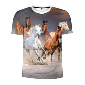 Мужская футболка 3D спортивная с принтом Табун в Кировске, 100% полиэстер с улучшенными характеристиками | приталенный силуэт, круглая горловина, широкие плечи, сужается к линии бедра | animal | beautiful | black | brown | desert | gloss | herd | horse | mane | mustang | muzzle | nature | sand | white | wild | белый | грива | дикий | животное | конь | коричневый | красивый | лоск | лошадь | мустанг | песок | природа | пусты