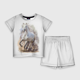 Детский костюм с шортами 3D с принтом Белая лошадь в Кировске,  |  | Тематика изображения на принте: animal | beautiful | drawing | horse | mane | muzzle | nature | white | wild | белый | грива | дикий | животное | конь | красивый | лошадь | природа | рисунок | скакун