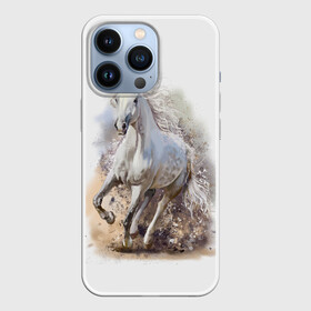 Чехол для iPhone 13 Pro с принтом Белая лошадь в Кировске,  |  | Тематика изображения на принте: animal | beautiful | drawing | horse | mane | muzzle | nature | white | wild | белый | грива | дикий | животное | конь | красивый | лошадь | природа | рисунок | скакун