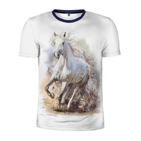 Мужская футболка 3D спортивная с принтом Белая лошадь в Кировске, 100% полиэстер с улучшенными характеристиками | приталенный силуэт, круглая горловина, широкие плечи, сужается к линии бедра | animal | beautiful | drawing | horse | mane | muzzle | nature | white | wild | белый | грива | дикий | животное | конь | красивый | лошадь | природа | рисунок | скакун
