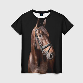 Женская футболка 3D с принтом Гнедая лошадь в Кировске, 100% полиэфир ( синтетическое хлопкоподобное полотно) | прямой крой, круглый вырез горловины, длина до линии бедер | animal | beautiful | black | brown | eyes | gloss | harness | horse | look | muzzle | взгляд | глаза | гнедая | животное | конь | коричневый | красивый | лоск | лошадь | сбруя | скакун | черный