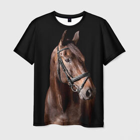 Мужская футболка 3D с принтом Гнедая лошадь в Кировске, 100% полиэфир | прямой крой, круглый вырез горловины, длина до линии бедер | Тематика изображения на принте: animal | beautiful | black | brown | eyes | gloss | harness | horse | look | muzzle | взгляд | глаза | гнедая | животное | конь | коричневый | красивый | лоск | лошадь | сбруя | скакун | черный