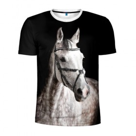 Мужская футболка 3D спортивная с принтом Серный в яблоках конь в Кировске, 100% полиэстер с улучшенными характеристиками | приталенный силуэт, круглая горловина, широкие плечи, сужается к линии бедра | animal | beautiful | black | eyes | gloss | harness | horse | look | muzzle | spotted | white | белый | в яблоках | взгляд | глаза | животное | конь | красивый | лоск | лошадь | пятнистый | сбруя | серый | скакун | черный