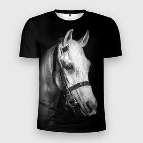 Мужская футболка 3D спортивная с принтом Белая лошадь в Кировске, 100% полиэстер с улучшенными характеристиками | приталенный силуэт, круглая горловина, широкие плечи, сужается к линии бедра | animal | beautiful | black | eyes | gloss | harness | horse | look | muzzle | white | белый | взгляд | глаза | животное | конь | красивый | лоск | лошадь | сбруя | скакун