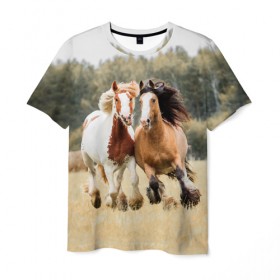 Мужская футболка 3D с принтом Лошади в Кировске, 100% полиэфир | прямой крой, круглый вырез горловины, длина до линии бедер | animal | free | horse | mane | nature | pair | polish | wild | грива | дикий | животное | конь | лоск | лошадь | пара | природа | свободный | скакун