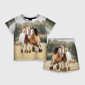 Детский костюм с шортами 3D с принтом Лошади в Кировске,  |  | animal | free | horse | mane | nature | pair | polish | wild | грива | дикий | животное | конь | лоск | лошадь | пара | природа | свободный | скакун