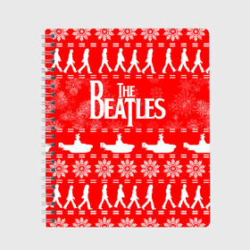 Тетрадь с принтом The Beatles (6) в Кировске, 100% бумага | 48 листов, плотность листов — 60 г/м2, плотность картонной обложки — 250 г/м2. Листы скреплены сбоку удобной пружинной спиралью. Уголки страниц и обложки скругленные. Цвет линий — светло-серый
 | beatles | merry christmas | music | rock | the beatles | yellow submarine | битлз | джон леннон | легенда | музыка | новогодний свитшот | новый год | пит бест | рок