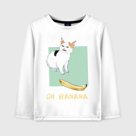 Детский лонгслив хлопок с принтом Banana Cat в Кировске, 100% хлопок | круглый вырез горловины, полуприлегающий силуэт, длина до линии бедер | cat | meme | picture | банан | картинки | кот | котики | коты | кошки | мем | прикольные