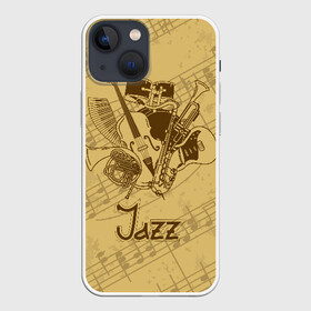 Чехол для iPhone 13 mini с принтом Jazz в Кировске,  |  | brown | cello | drum | guitar | instrument | jazz | musical | retro | saxophone | sheet music | trumpet | vintage | yellow | барабан | винтаж | виолончель | гитара | джаз | желтый | инструмент | коричневый | музыка | музыкальный | ноты | ретро | сак