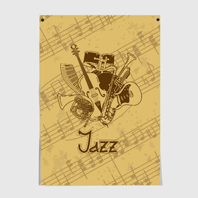 Постер с принтом Jazz в Кировске, 100% бумага
 | бумага, плотность 150 мг. Матовая, но за счет высокого коэффициента гладкости имеет небольшой блеск и дает на свету блики, но в отличии от глянцевой бумаги не покрыта лаком | brown | cello | drum | guitar | instrument | jazz | musical | retro | saxophone | sheet music | trumpet | vintage | yellow | барабан | винтаж | виолончель | гитара | джаз | желтый | инструмент | коричневый | музыка | музыкальный | ноты | ретро | сак
