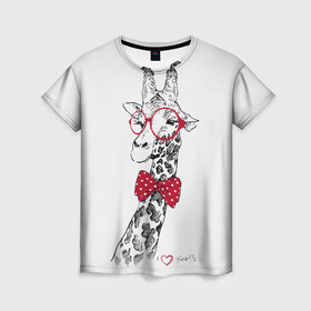Женская футболка 3D с принтом Жираф в Кировске, 100% полиэфир ( синтетическое хлопкоподобное полотно) | прямой крой, круглый вырез горловины, длина до линии бедер | animal | bow tie | cool | giraffe | gray | red | white | белый | галстук  бабочка | животное | жираф | красный | очки | прикольный | серый