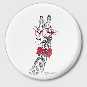 Значок с принтом Жираф в Кировске,  металл | круглая форма, металлическая застежка в виде булавки | animal | bow tie | cool | giraffe | gray | red | white | белый | галстук  бабочка | животное | жираф | красный | очки | прикольный | серый