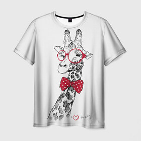 Мужская футболка 3D с принтом Жираф в Кировске, 100% полиэфир | прямой крой, круглый вырез горловины, длина до линии бедер | animal | bow tie | cool | giraffe | gray | red | white | белый | галстук  бабочка | животное | жираф | красный | очки | прикольный | серый