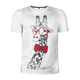Мужская футболка 3D спортивная с принтом Жираф в Кировске, 100% полиэстер с улучшенными характеристиками | приталенный силуэт, круглая горловина, широкие плечи, сужается к линии бедра | animal | bow tie | cool | giraffe | gray | red | white | белый | галстук  бабочка | животное | жираф | красный | очки | прикольный | серый