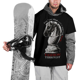 Накидка на куртку 3D с принтом A Fashion Terrorist в Кировске, 100% полиэстер |  | black | chess | cool | figure | horse | red | slogan | style | white | белый | конь | красный | лошадь | прикольный | слоган | стиль | фигура | черный | шахматы