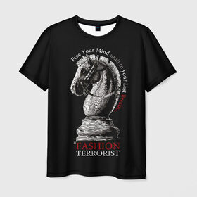 Мужская футболка 3D с принтом A Fashion Terrorist в Кировске, 100% полиэфир | прямой крой, круглый вырез горловины, длина до линии бедер | black | chess | cool | figure | horse | red | slogan | style | white | белый | конь | красный | лошадь | прикольный | слоган | стиль | фигура | черный | шахматы