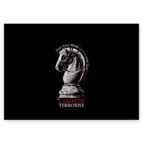 Поздравительная открытка с принтом A Fashion Terrorist в Кировске, 100% бумага | плотность бумаги 280 г/м2, матовая, на обратной стороне линовка и место для марки
 | black | chess | cool | figure | horse | red | slogan | style | white | белый | конь | красный | лошадь | прикольный | слоган | стиль | фигура | черный | шахматы