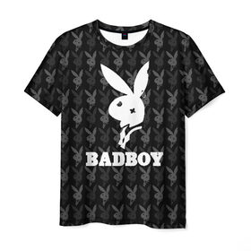 Мужская футболка 3D с принтом Bad boy в Кировске, 100% полиэфир | прямой крой, круглый вырез горловины, длина до линии бедер | bad boy | bite | bow tie | broken | cool | ear | fighter | logo | man | playboy | rabbit | sign | symbol | white | белый | битый | боец | галстук бабочка | знак | кролик | логотип | любовь | мальчик | мужчина | откушенное | прикольный | сим