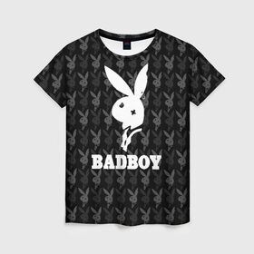 Женская футболка 3D с принтом Bad boy в Кировске, 100% полиэфир ( синтетическое хлопкоподобное полотно) | прямой крой, круглый вырез горловины, длина до линии бедер | bad boy | bite | bow tie | broken | cool | ear | fighter | logo | man | playboy | rabbit | sign | symbol | white | белый | битый | боец | галстук бабочка | знак | кролик | логотип | любовь | мальчик | мужчина | откушенное | прикольный | сим