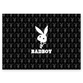 Поздравительная открытка с принтом Bad boy в Кировске, 100% бумага | плотность бумаги 280 г/м2, матовая, на обратной стороне линовка и место для марки
 | bad boy | bite | bow tie | broken | cool | ear | fighter | logo | man | playboy | rabbit | sign | symbol | white | белый | битый | боец | галстук бабочка | знак | кролик | логотип | любовь | мальчик | мужчина | откушенное | прикольный | сим