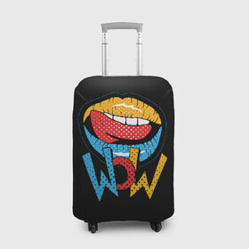 Чехол для чемодана 3D с принтом Wow в Кировске, 86% полиэфир, 14% спандекс | двустороннее нанесение принта, прорези для ручек и колес | blue | dots | lips | pop art | red | teeth | tongue | white | yellow | белый | губы | желтый | зубы | красный | поп  арт | точки | язык