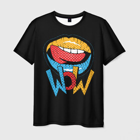 Мужская футболка 3D с принтом Wow в Кировске, 100% полиэфир | прямой крой, круглый вырез горловины, длина до линии бедер | blue | dots | lips | pop art | red | teeth | tongue | white | yellow | белый | губы | желтый | зубы | красный | поп  арт | точки | язык