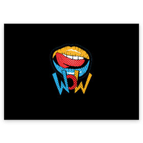 Поздравительная открытка с принтом Wow в Кировске, 100% бумага | плотность бумаги 280 г/м2, матовая, на обратной стороне линовка и место для марки
 | blue | dots | lips | pop art | red | teeth | tongue | white | yellow | белый | губы | желтый | зубы | красный | поп  арт | точки | язык