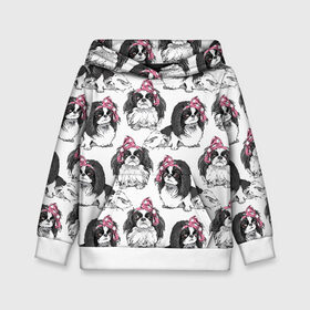 Детская толстовка 3D с принтом Японские хины в Кировске, 100% полиэстер | двухслойный капюшон со шнурком для регулировки, мягкие манжеты на рукавах и по низу толстовки, спереди карман-кенгуру с мягким внутренним слоем | Тематика изображения на принте: animal | bow | cute | dog | funny | gentle | gray | heart | muzzle | pink | white | бант | белый | животное | забавный | милый | нежный | розовый | сердце | серый | собака