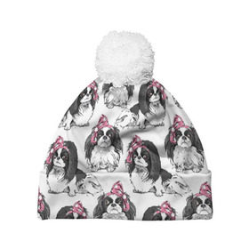 Шапка 3D c помпоном с принтом Японские хины в Кировске, 100% полиэстер | универсальный размер, печать по всей поверхности изделия | animal | bow | cute | dog | funny | gentle | gray | heart | muzzle | pink | white | бант | белый | животное | забавный | милый | нежный | розовый | сердце | серый | собака