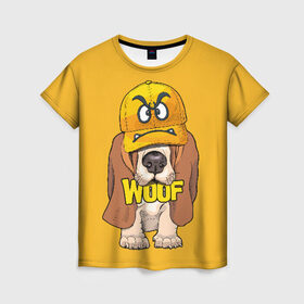 Женская футболка 3D с принтом Woof в Кировске, 100% полиэфир ( синтетическое хлопкоподобное полотно) | прямой крой, круглый вырез горловины, длина до линии бедер | animal | cap | dog | funny | slogan | text | yellow | бассет хаунд | желтый | животное | забавный | кепка | прикольный | слоган | смешной | собака | текст