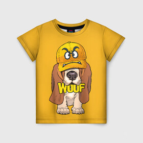 Детская футболка 3D с принтом Woof в Кировске, 100% гипоаллергенный полиэфир | прямой крой, круглый вырез горловины, длина до линии бедер, чуть спущенное плечо, ткань немного тянется | Тематика изображения на принте: animal | cap | dog | funny | slogan | text | yellow | бассет хаунд | желтый | животное | забавный | кепка | прикольный | слоган | смешной | собака | текст