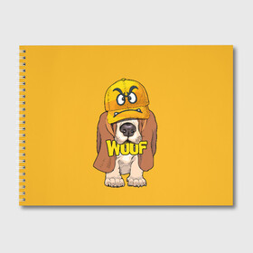 Альбом для рисования с принтом Woof в Кировске, 100% бумага
 | матовая бумага, плотность 200 мг. | animal | cap | dog | funny | slogan | text | yellow | бассет хаунд | желтый | животное | забавный | кепка | прикольный | слоган | смешной | собака | текст