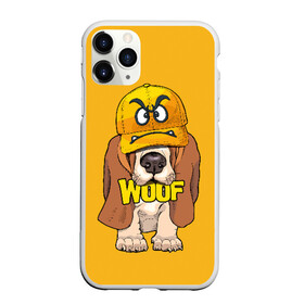 Чехол для iPhone 11 Pro матовый с принтом Woof в Кировске, Силикон |  | animal | cap | dog | funny | slogan | text | yellow | бассет хаунд | желтый | животное | забавный | кепка | прикольный | слоган | смешной | собака | текст