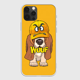 Чехол для iPhone 12 Pro Max с принтом Woof в Кировске, Силикон |  | animal | cap | dog | funny | slogan | text | yellow | бассет хаунд | желтый | животное | забавный | кепка | прикольный | слоган | смешной | собака | текст